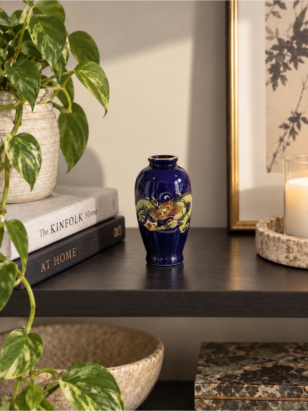 Vintage MCI Japan Cobalt Blue Dragon Vase 4" Mini Porcelain Bud Vase Chinoiserie